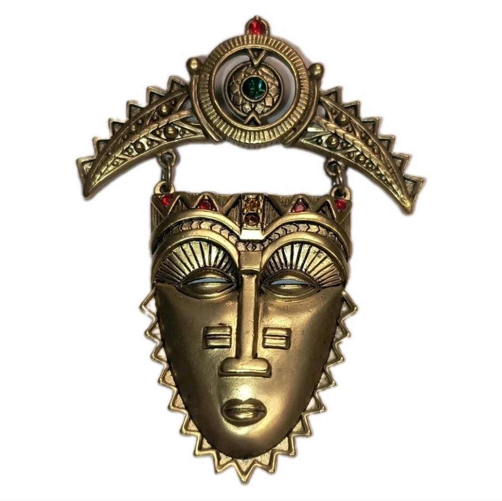 Vintage 1993 Avon Tribal African Mask Brooch Gold Tone Rhinestone Boho Pin 3"